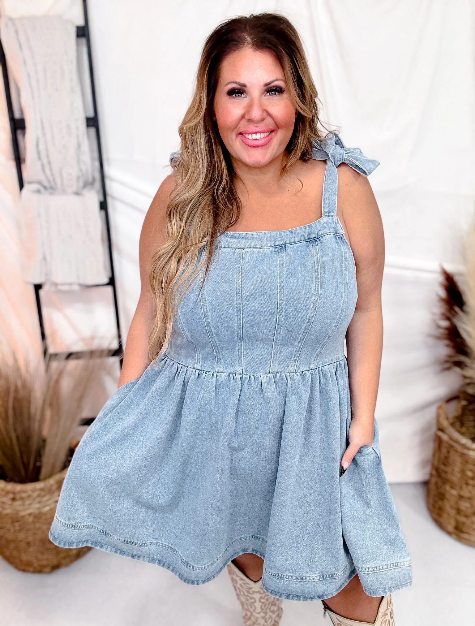 Washed Out Denim Mini Dress W/ Back Smocking & Zipper Closure FINAL SALE - Image 10