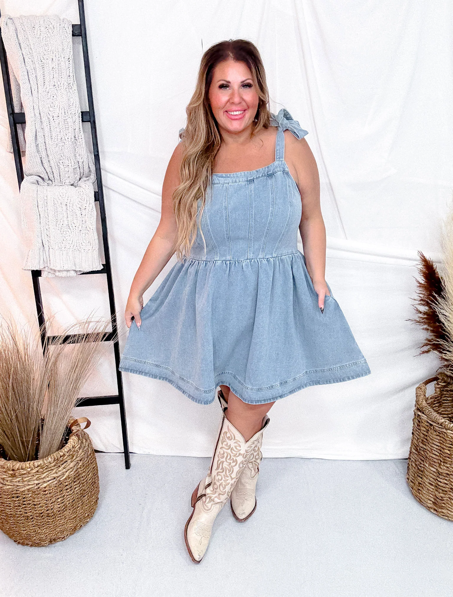 Washed Out Denim Mini Dress W/ Back Smocking & Zipper Closure FINAL SALE - Image 3