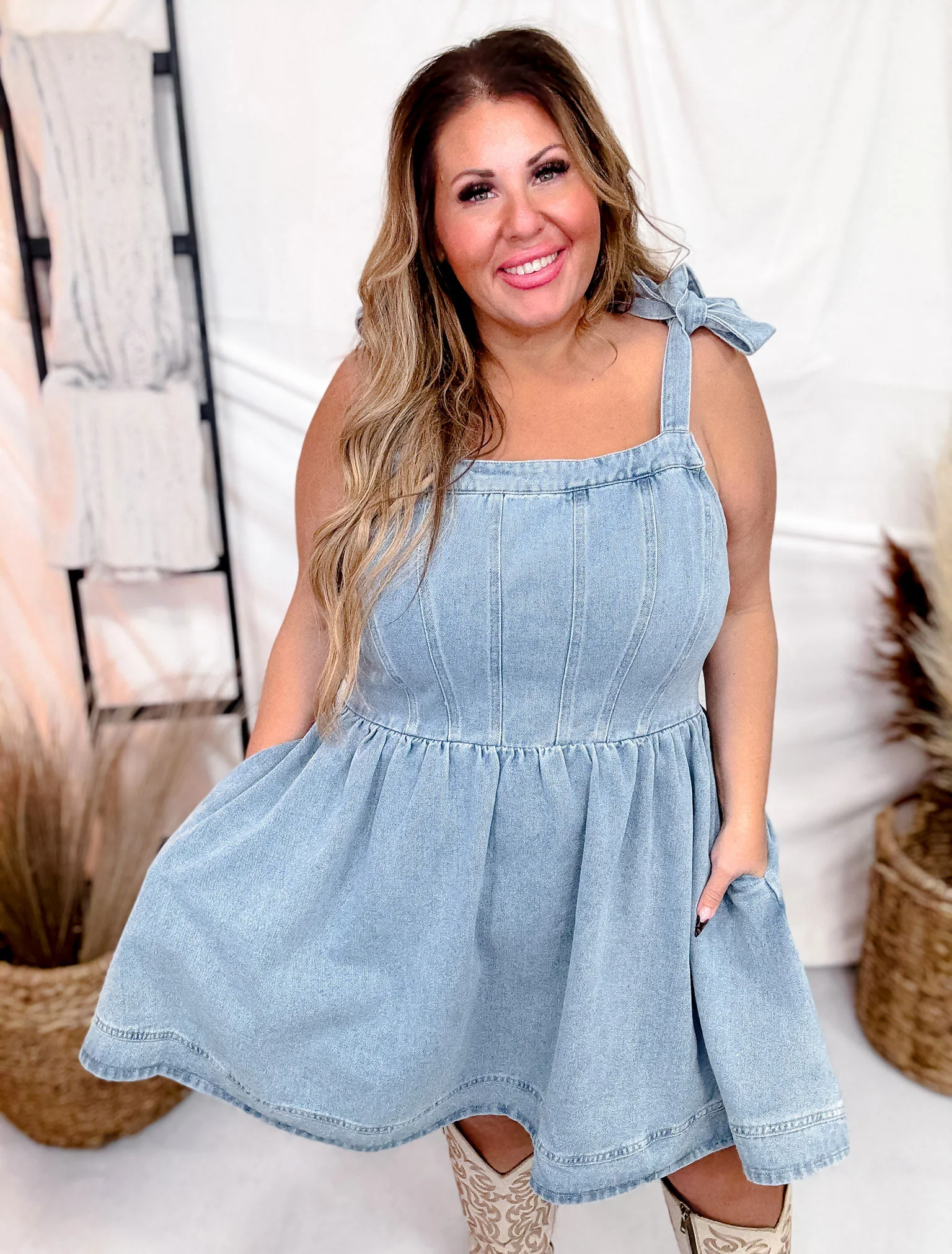 Washed Out Denim Mini Dress W/ Back Smocking & Zipper Closure FINAL SALE - Image 8