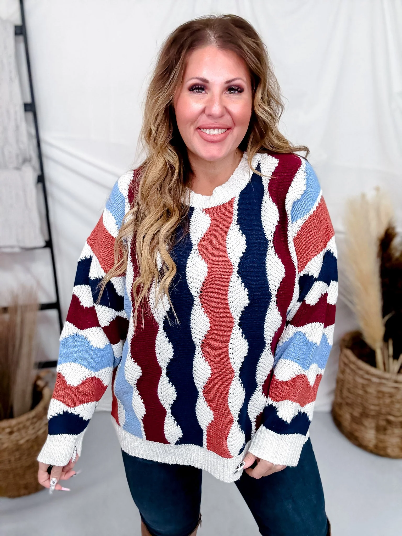 Wavy Pattern Multi Color Long Sleeve Sweater Top FINAL SALE