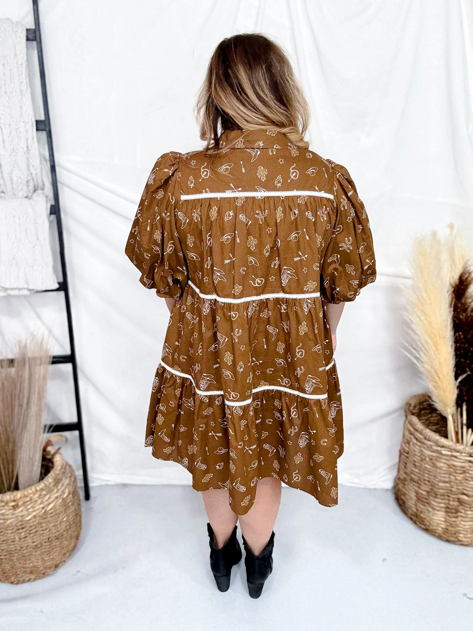 Western Print Mini Dress With Puff Sleeves FINAL SALE - Image 6