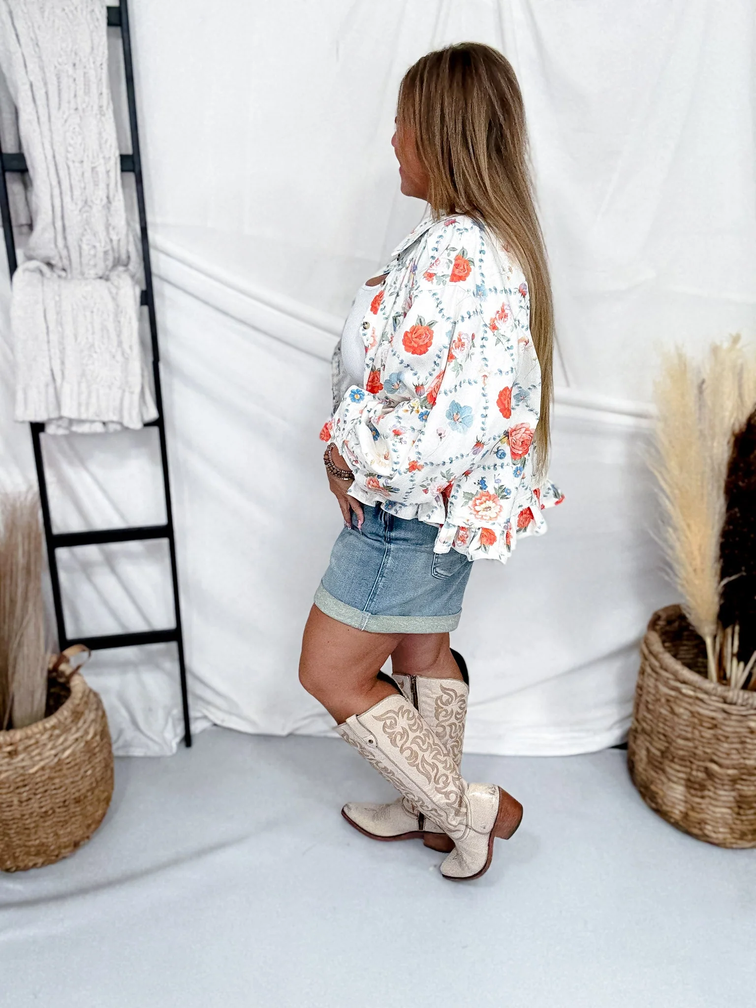 White Denim Button Front Ruffle Hem Top With Antique Floral Print - Image 7