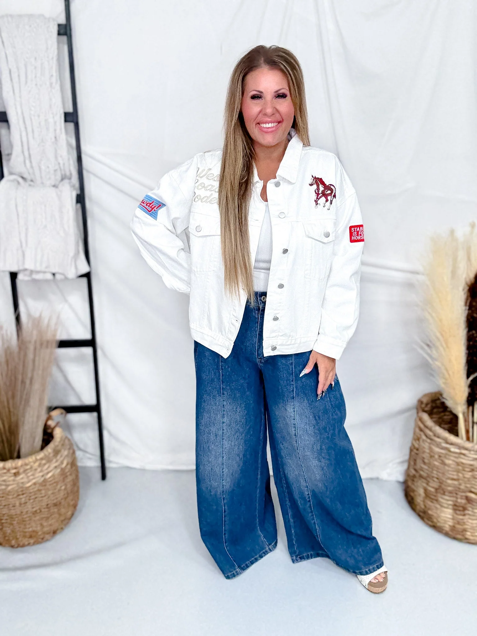 White Denim Jacket With Western Embroidery - Image 3