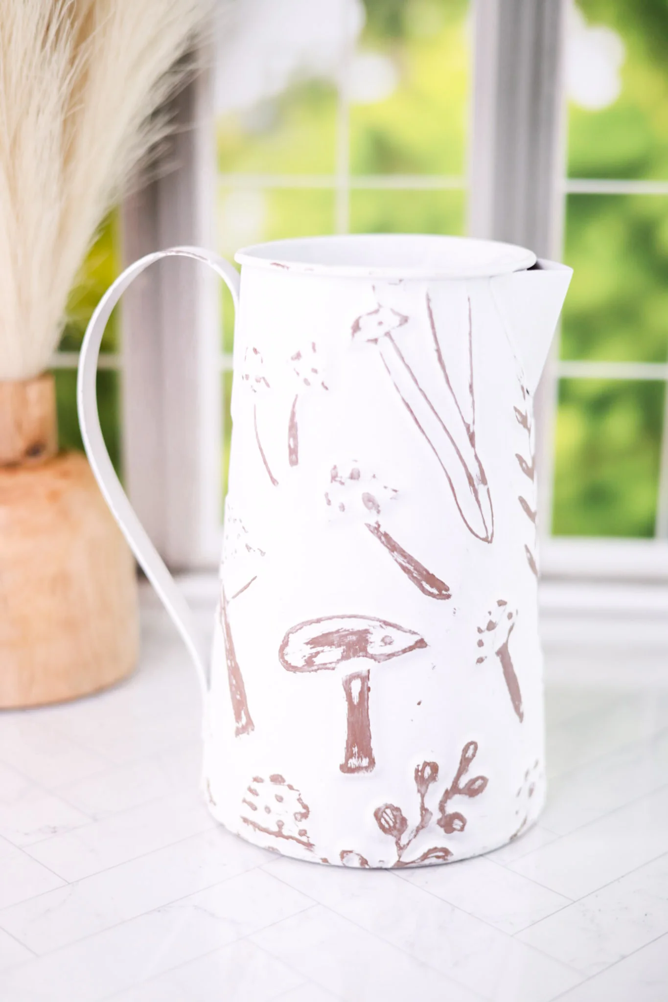 White Embossed Metal Pitcher with Mushroom Design FINAL SALE