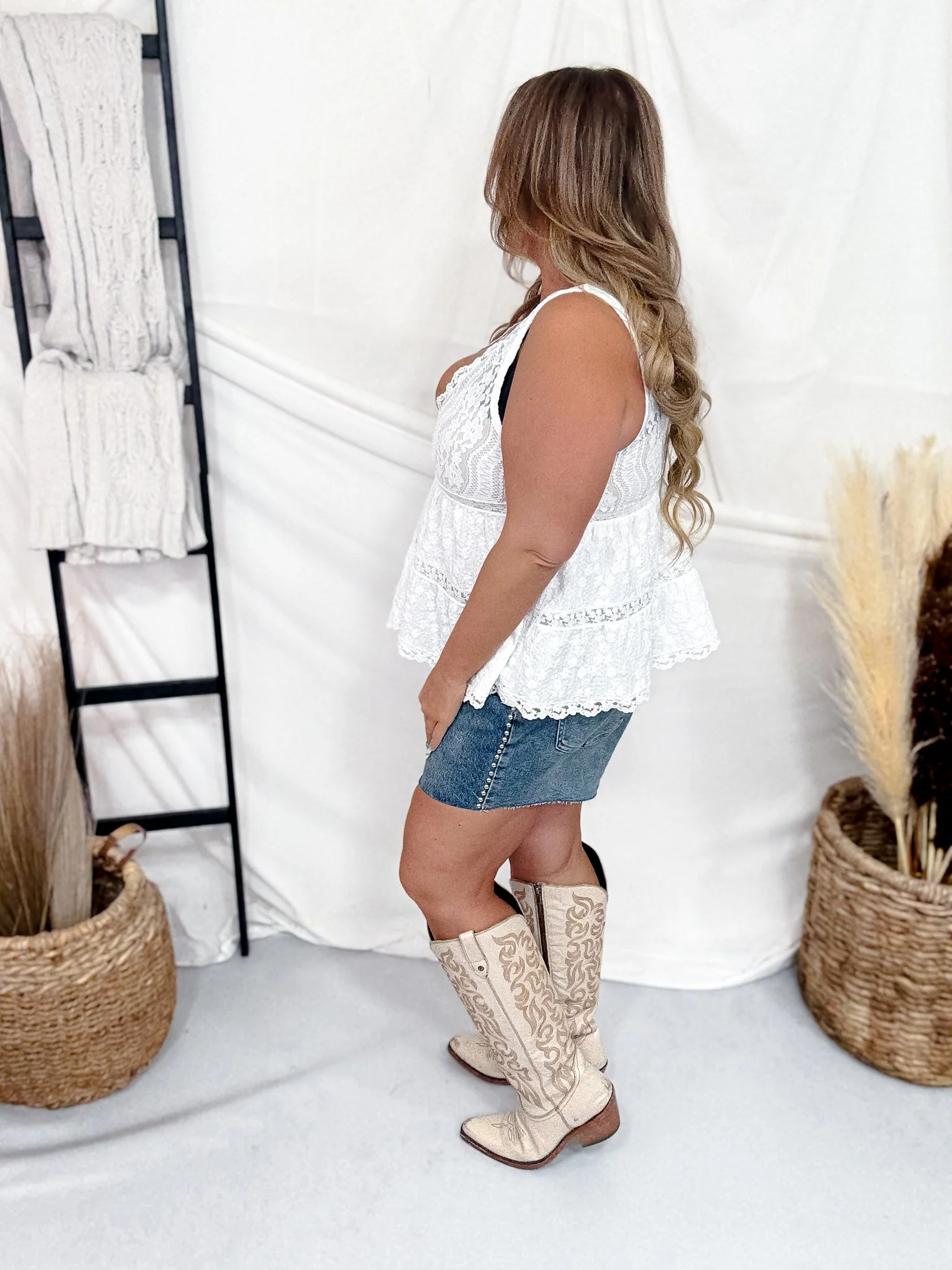 White Lace Trim Deep V-Neck Tank Top - Image 7