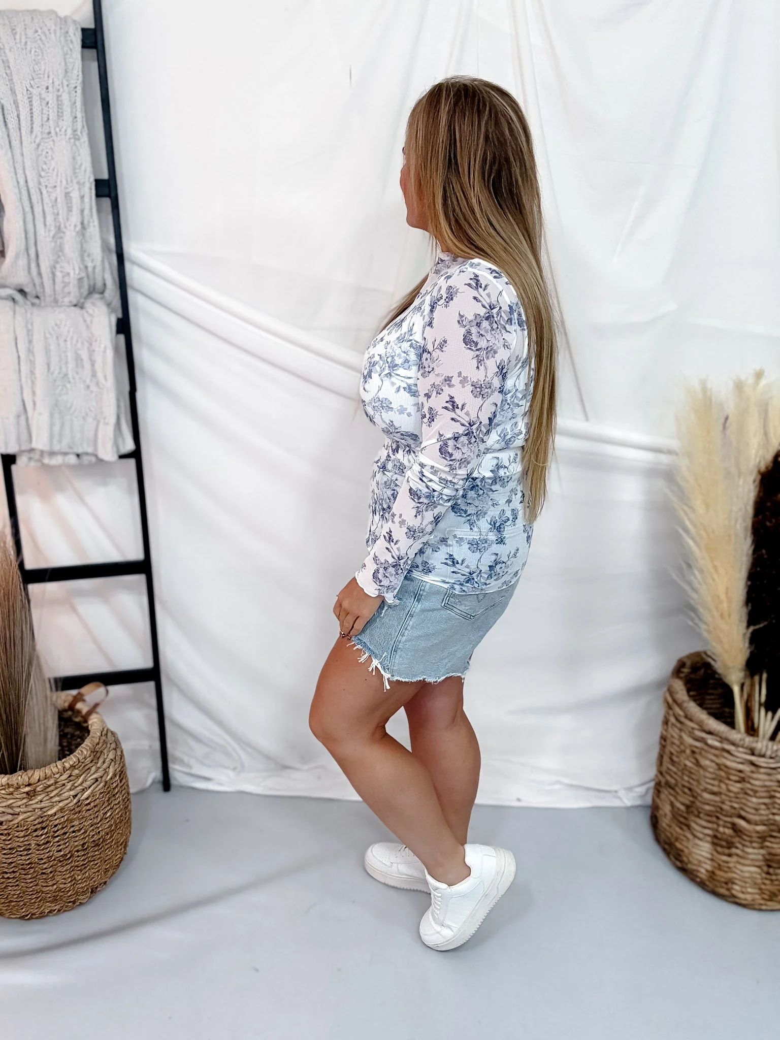 White Long Sleeve High Neck Mesh Top With Blue Floral Pattern - Image 4