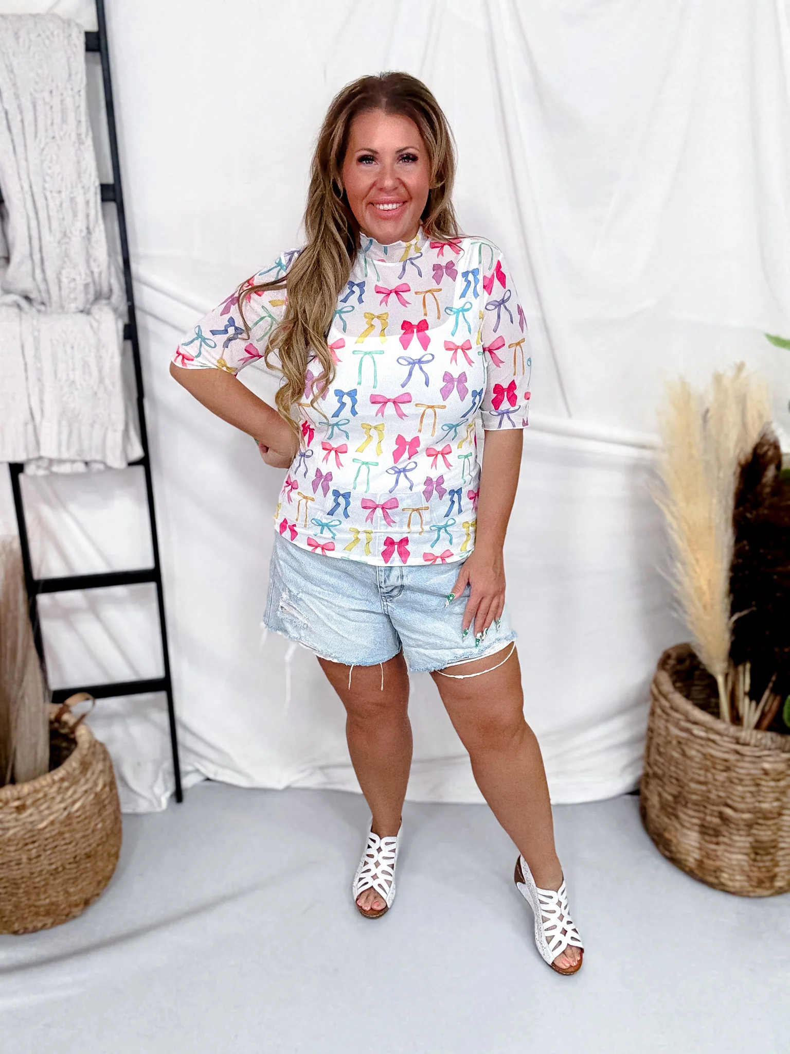 White Short Sleeve Mesh Top With Colorful Bow Print - Image 2