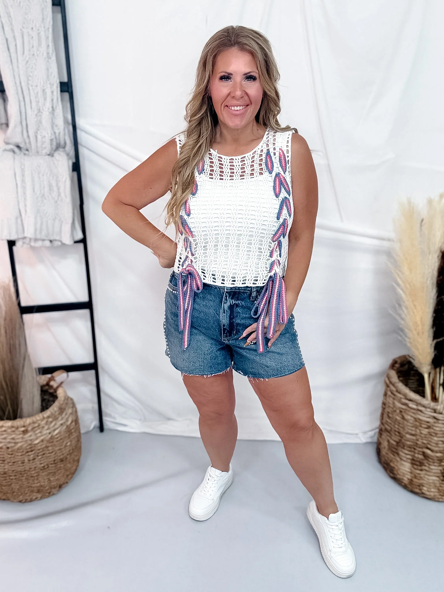 White Sleeveless Open Knit Top With Red White & Blue Braiding FINAL SALE - Image 2