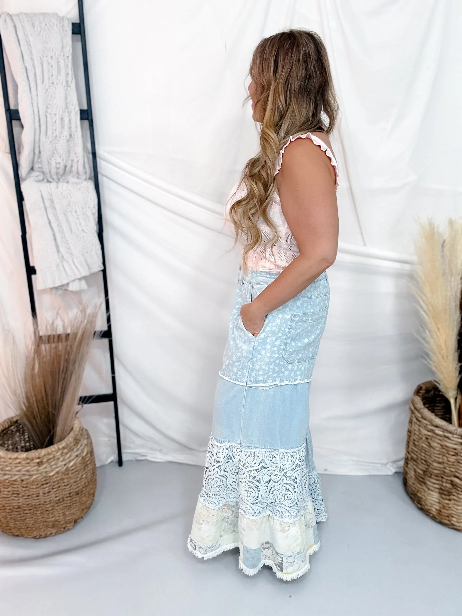 Wide Leg Denim & Lace Jeans With Floral Patchwork - Image 5