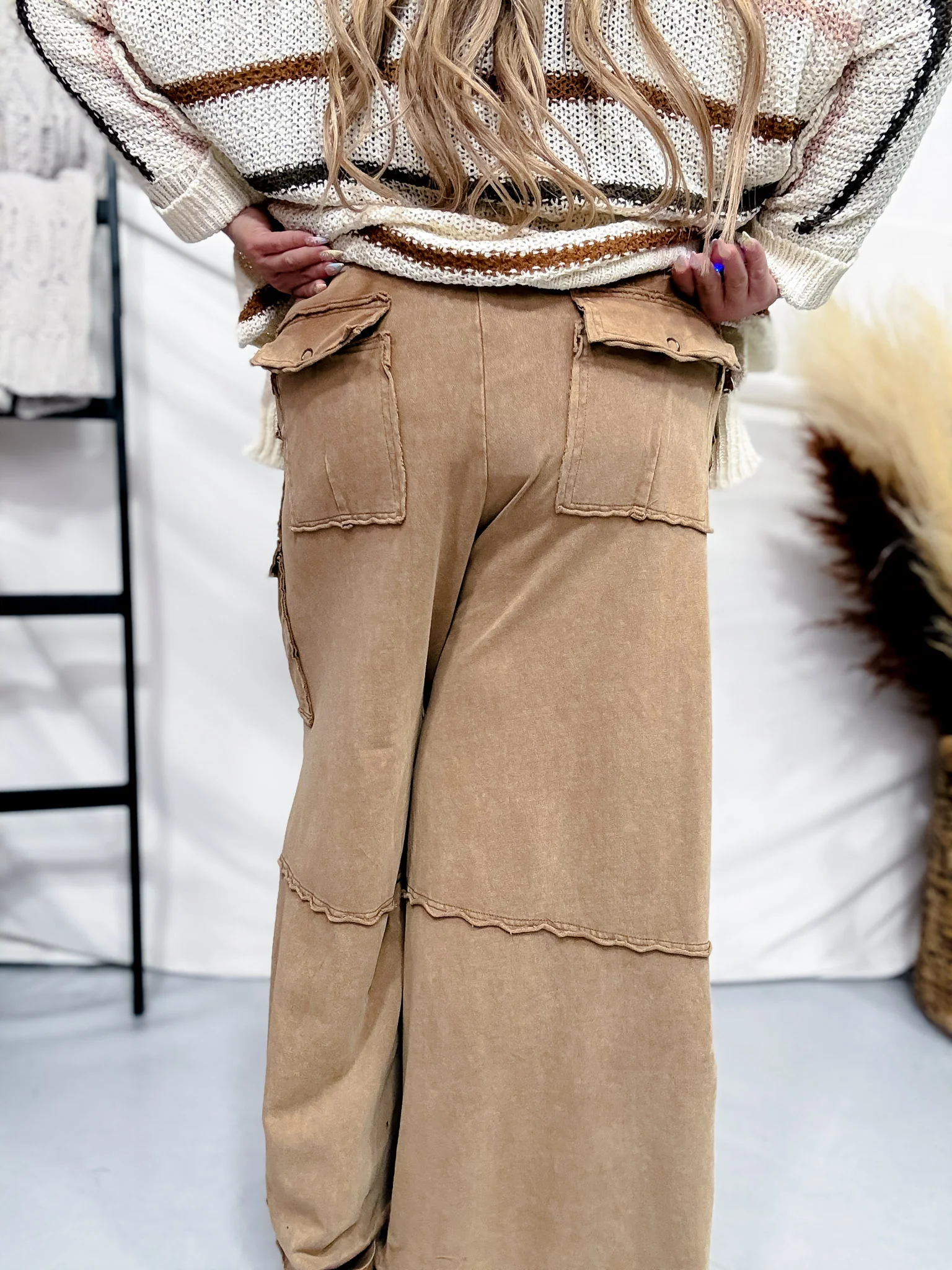 Wide Leg Terry Knit Pull on Cargo Pants in Latte - Image 6