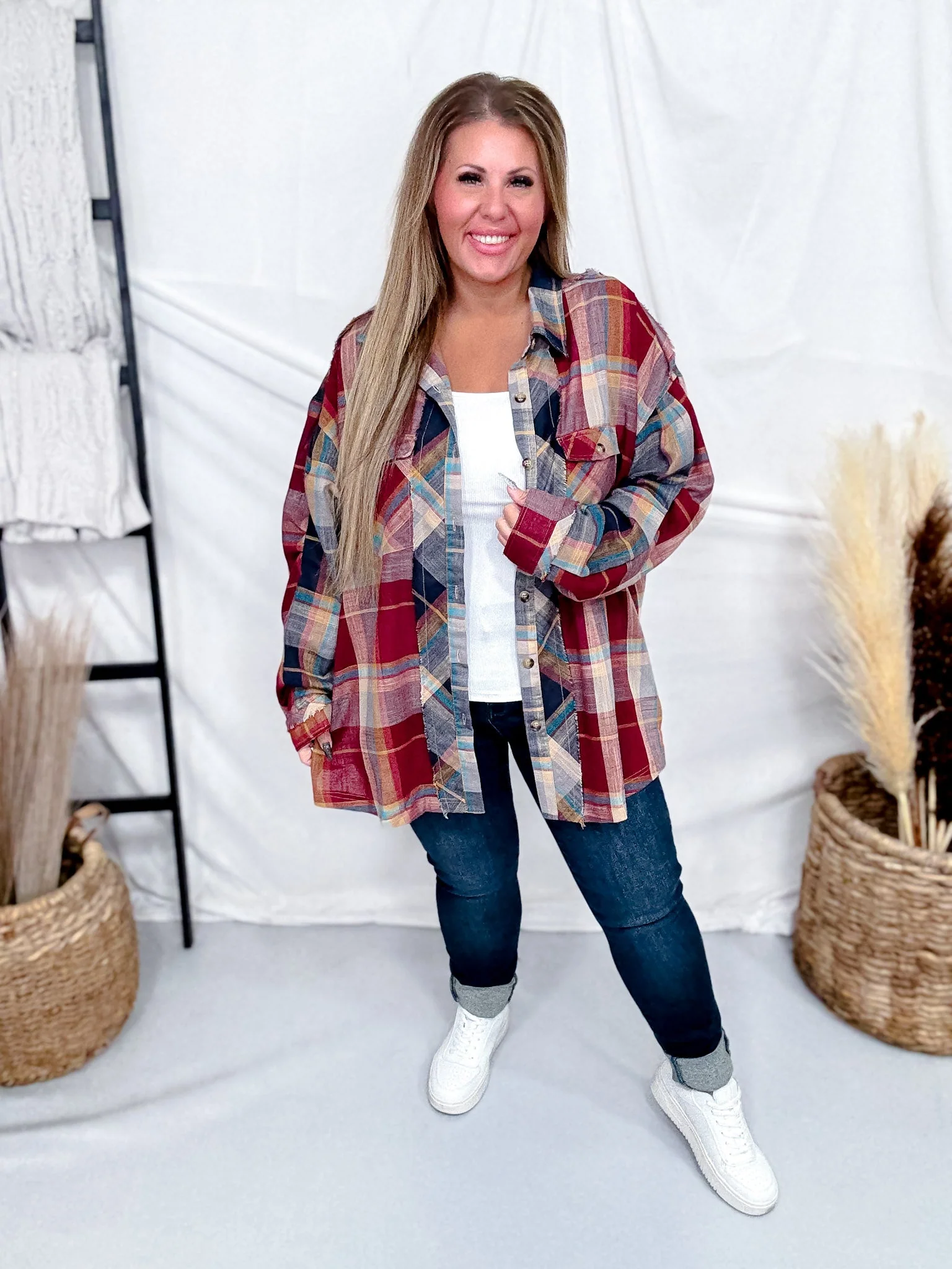 Wine & Navy Plaid Button Down Flannel With Shirred Sleeves FINAL SALE - Image 2