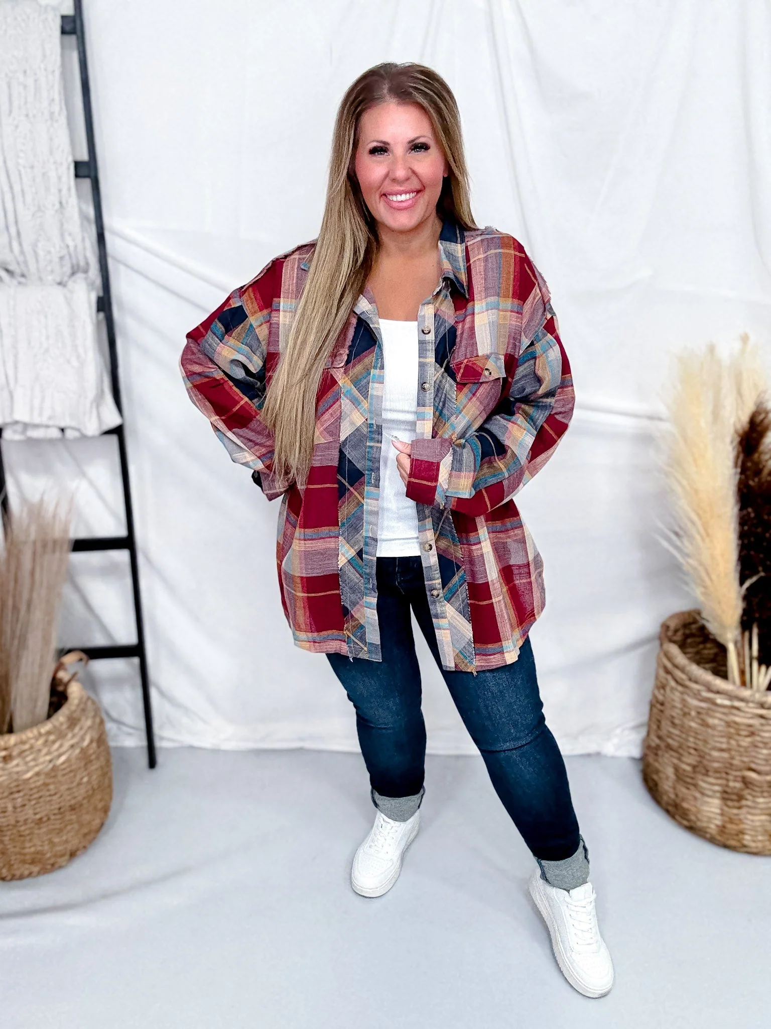 Wine & Navy Plaid Button Down Flannel With Shirred Sleeves FINAL SALE - Image 5