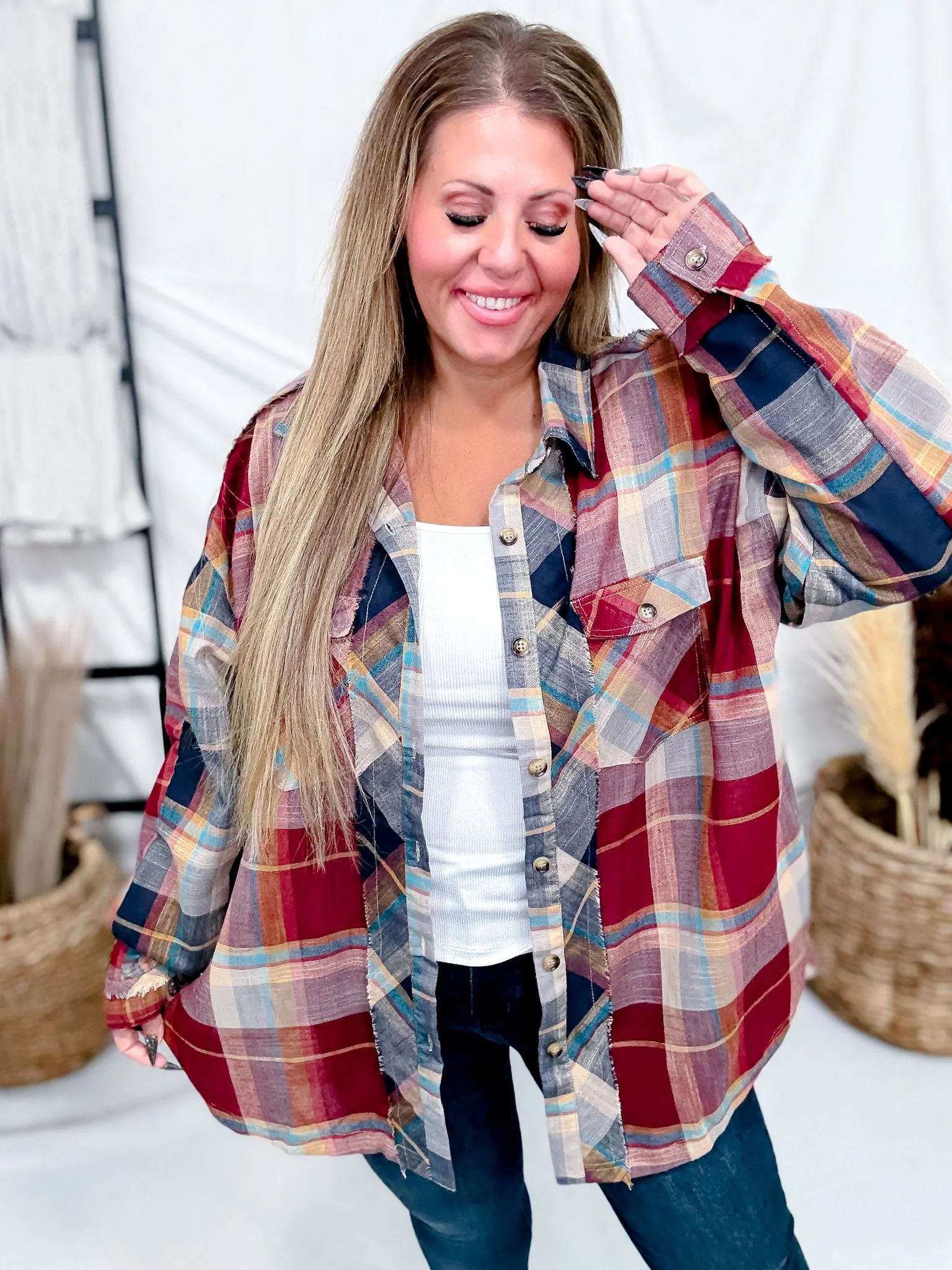Wine & Navy Plaid Button Down Flannel With Shirred Sleeves FINAL SALE - Image 9