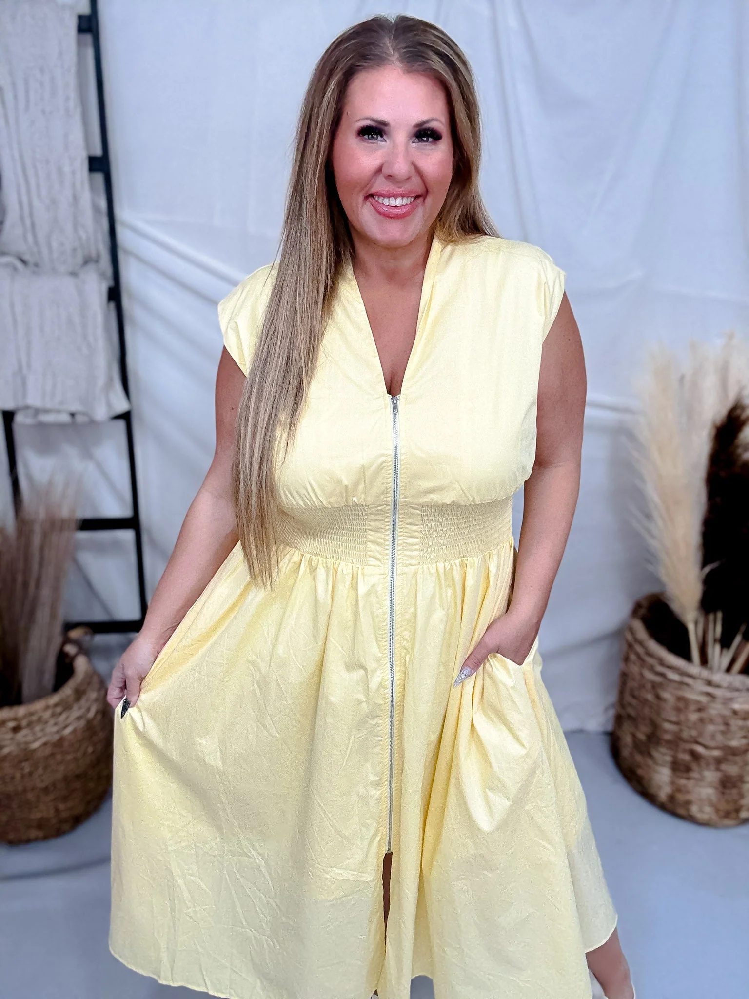 Yellow Zip Front Midi Dress With Smocked Waist FINAL SALE - Image 3