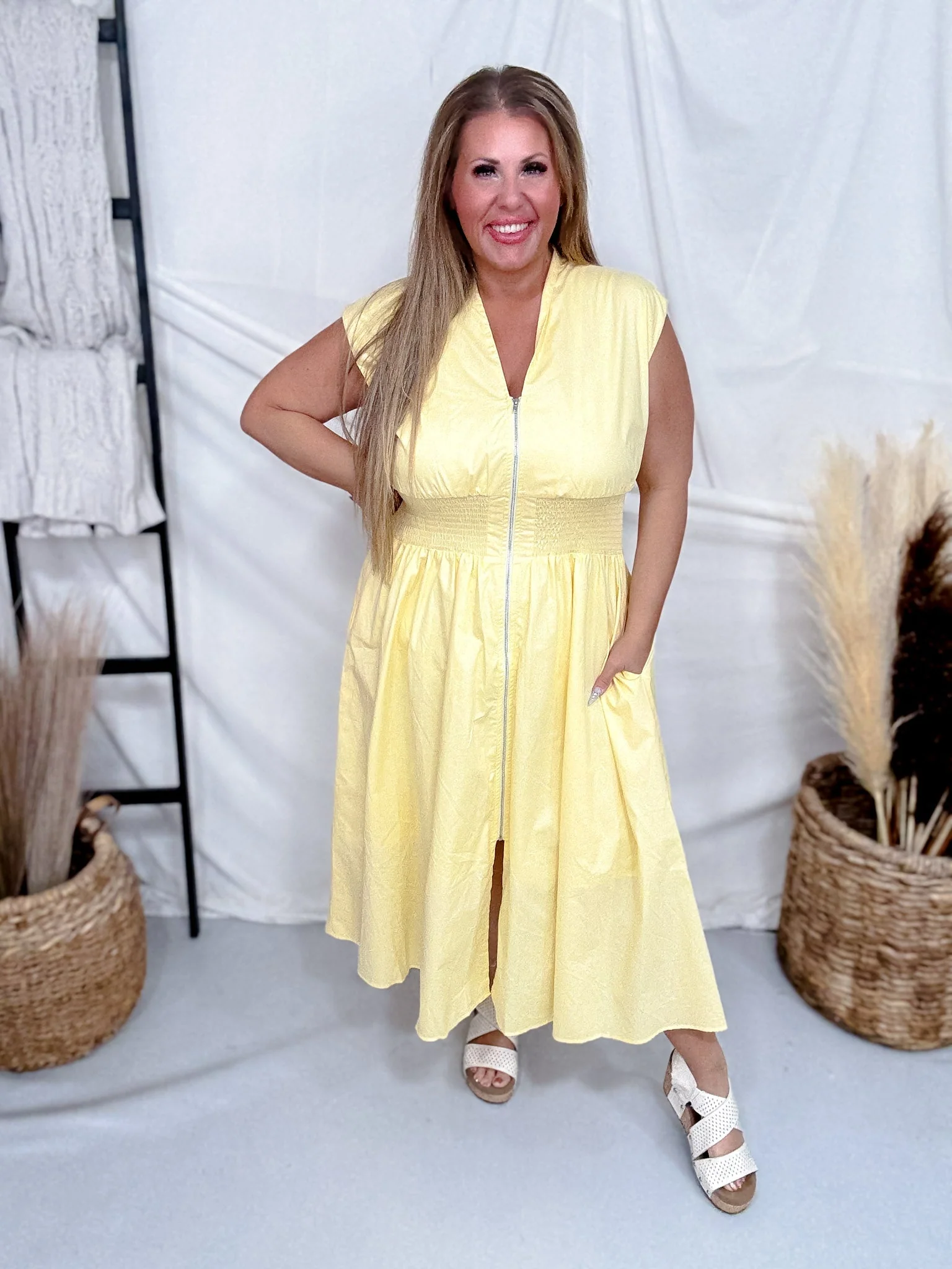 Yellow Zip Front Midi Dress With Smocked Waist FINAL SALE - Image 4