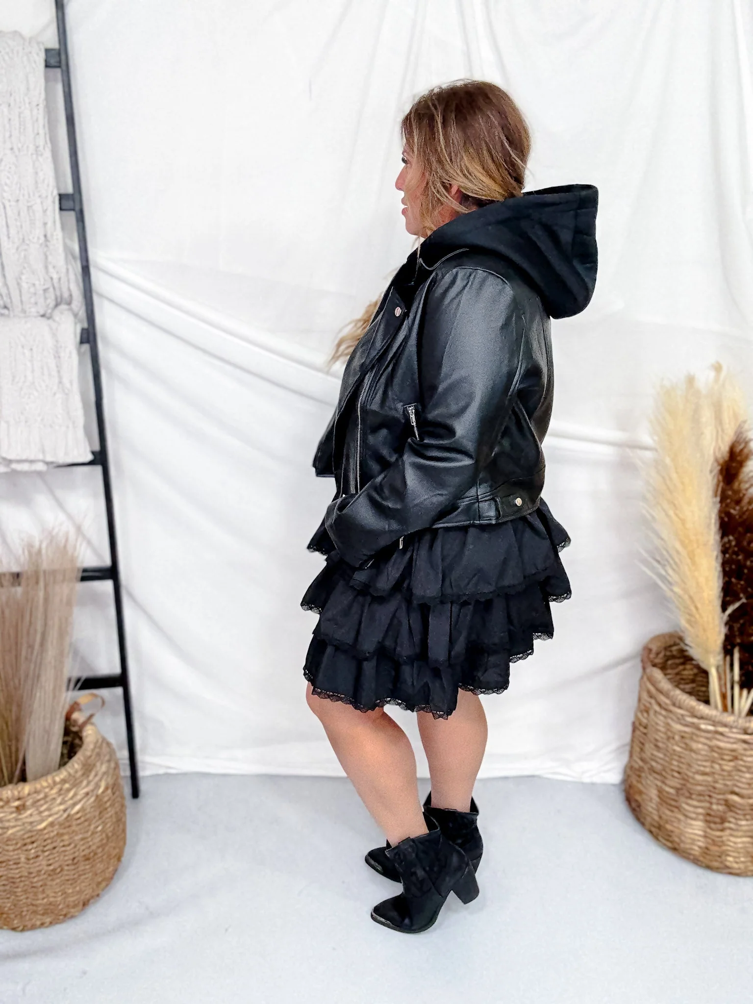 Zip Up Hooded Black Faux Leather Jacket FINAL SALE - Image 7